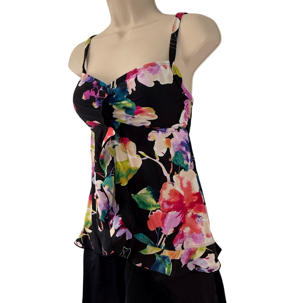 Maxine of Hollywood Black Tropical Floral Tankini Ruffled front and Hem - Picture 13 of 16